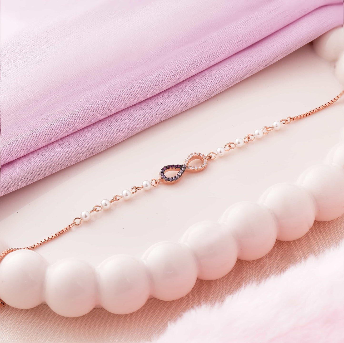 Colourful Infinity Diamonds with Pearl Rose Gold Bracelet