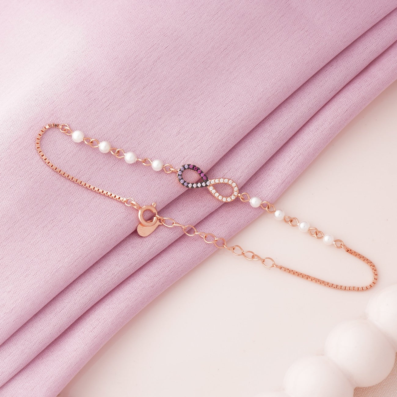 Colourful Infinity Diamonds with Pearl Rose Gold Bracelet