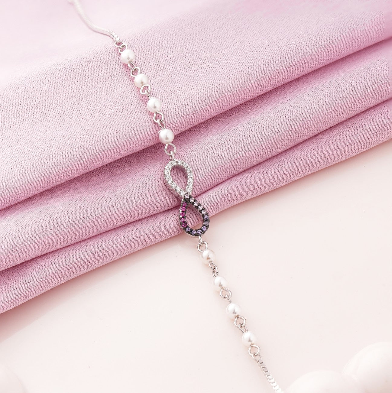 Colourful Infinity Diamonds with Pearl Rhodium Bracelet