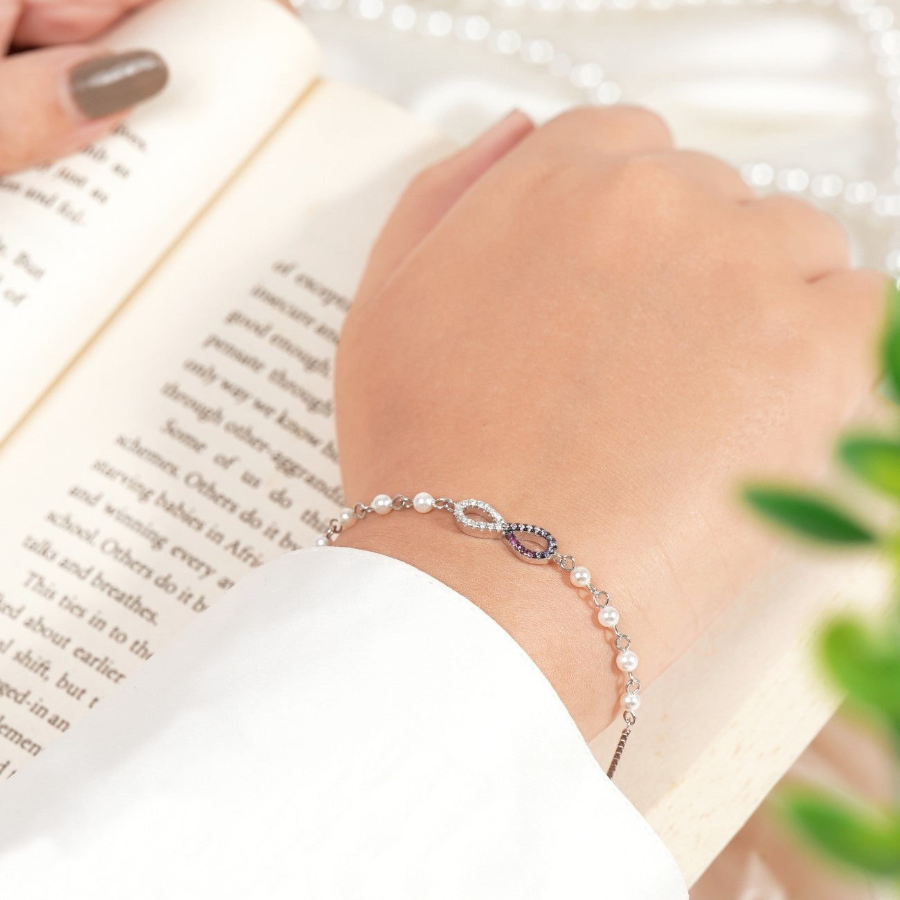 Colourful Infinity Diamonds with Pearl Rhodium Bracelet