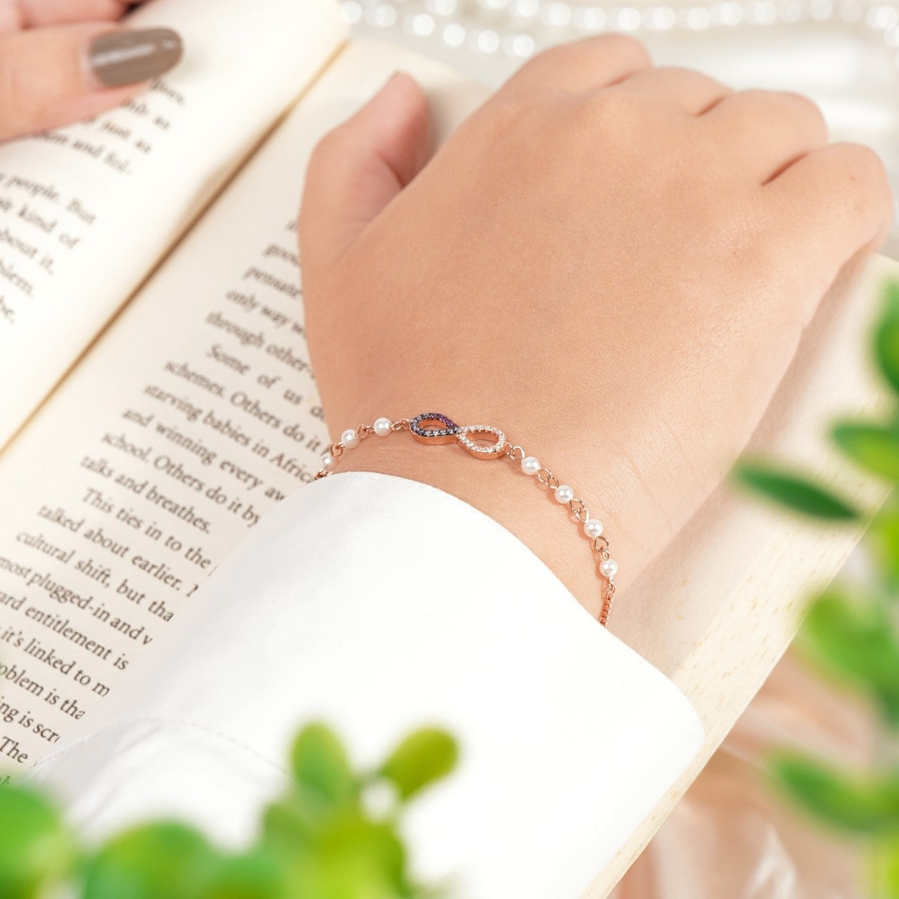 Colourful Infinity Diamonds with Pearl Rose Gold Bracelet