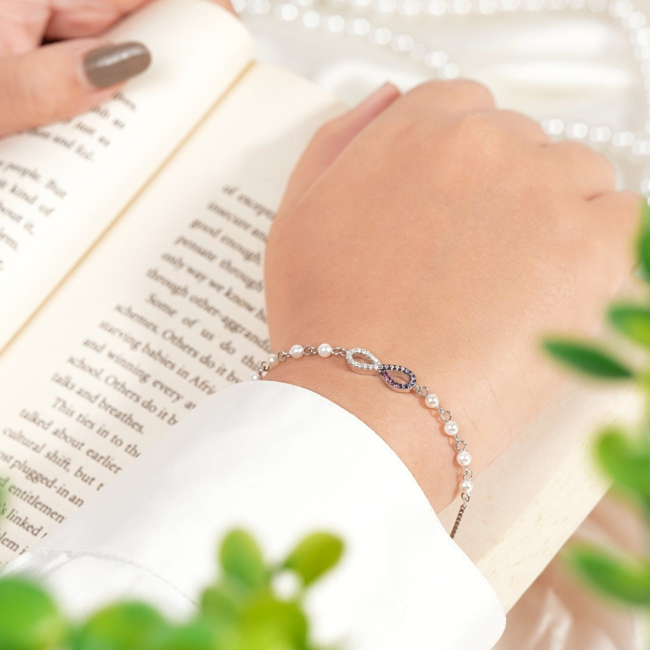 Colourful Infinity Diamonds with Pearl Rhodium Bracelet