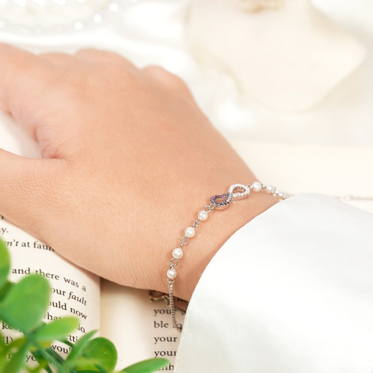 Colourful Infinity Diamonds with Pearl Rhodium Bracelet